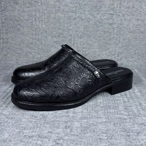 Minnetonka Clogs Floral Embossed Leather Slip On Mules Black Women’s 8.5 Western